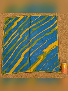 Vintage Vera Blue and Mustard Wave Print Silk Scarf